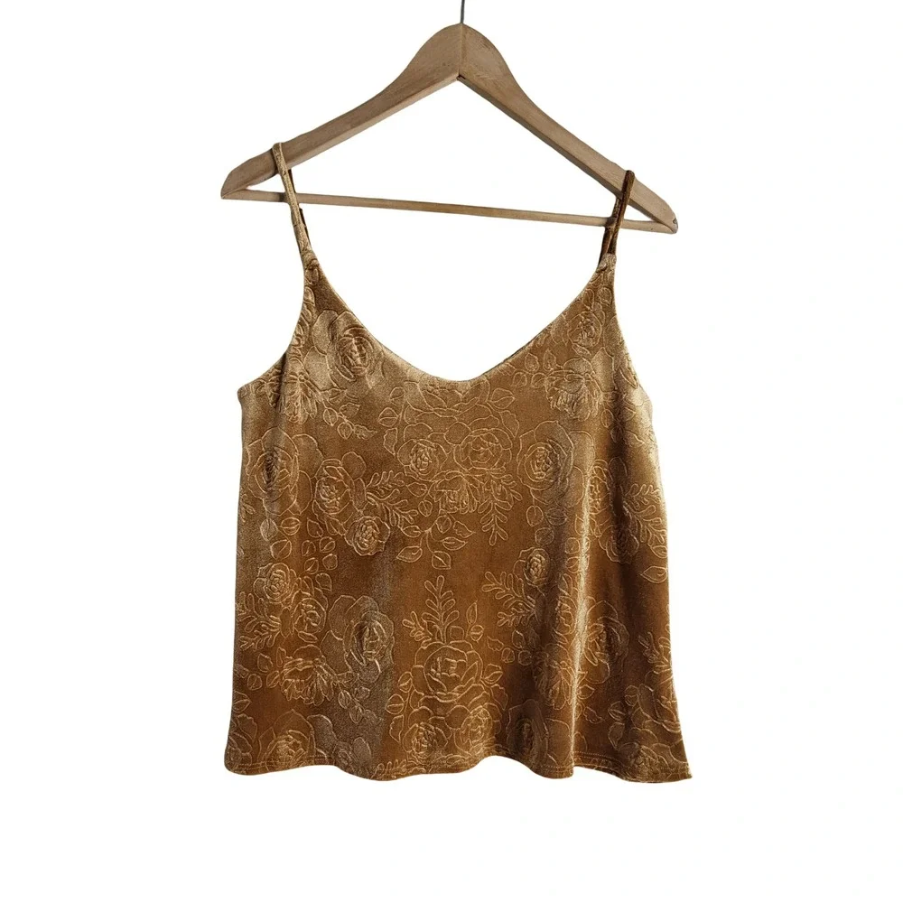 RSQ Collective Gold Floral Embossed Velvet Cami Tank V-Neck Whimsigoth Bohemian